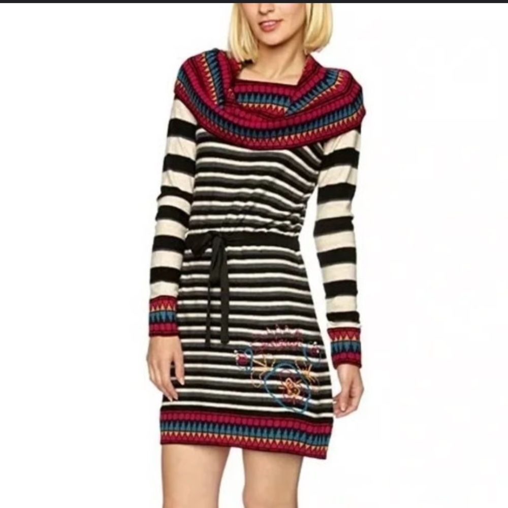 NWOT DESIGUAL Amber Striped Long Sleeve Wool Angora Cowl Neck Mini Dress Size M